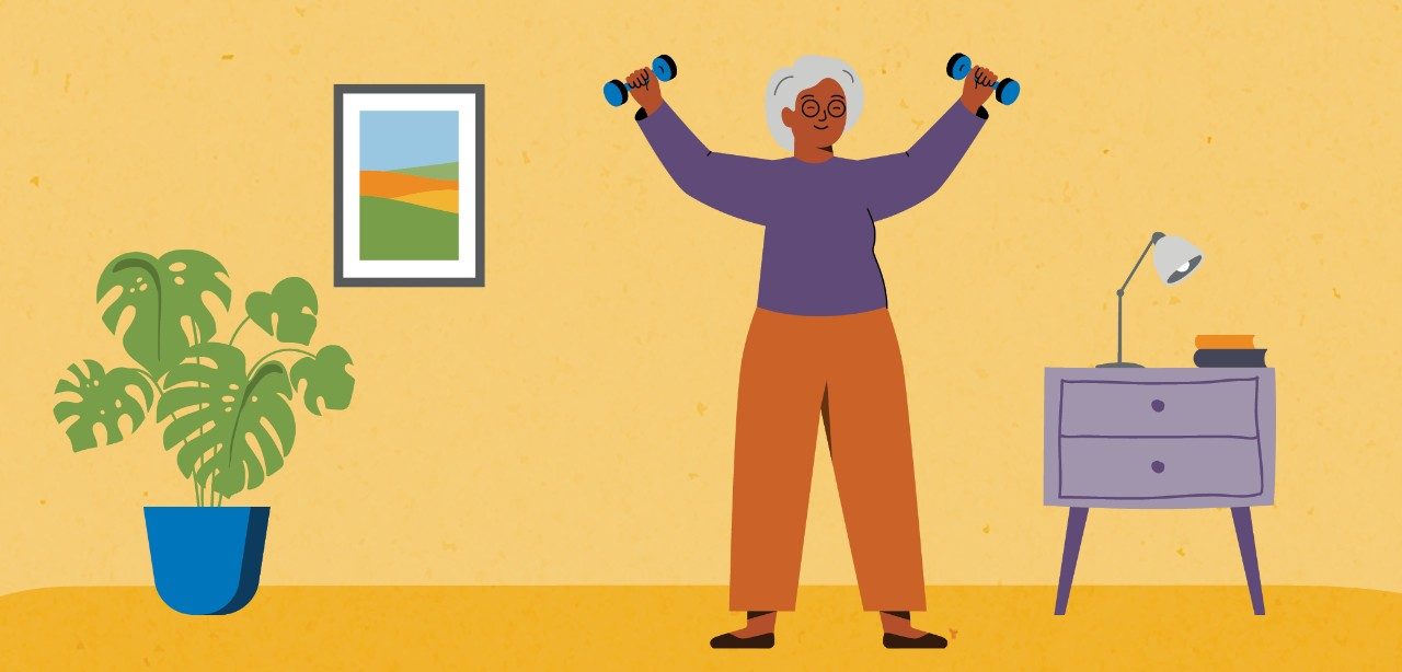插图显示了老女人在家做运动