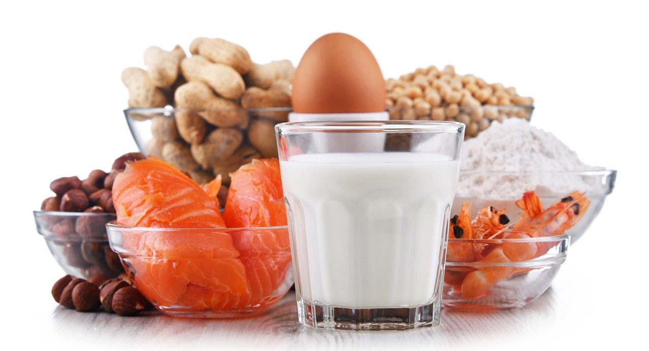 “八大”的放大视图过敏原在玻璃碗和杯子:牛奶、贝类、鸡蛋、鱼、树坚果,大豆,豆类(花生),和小麦