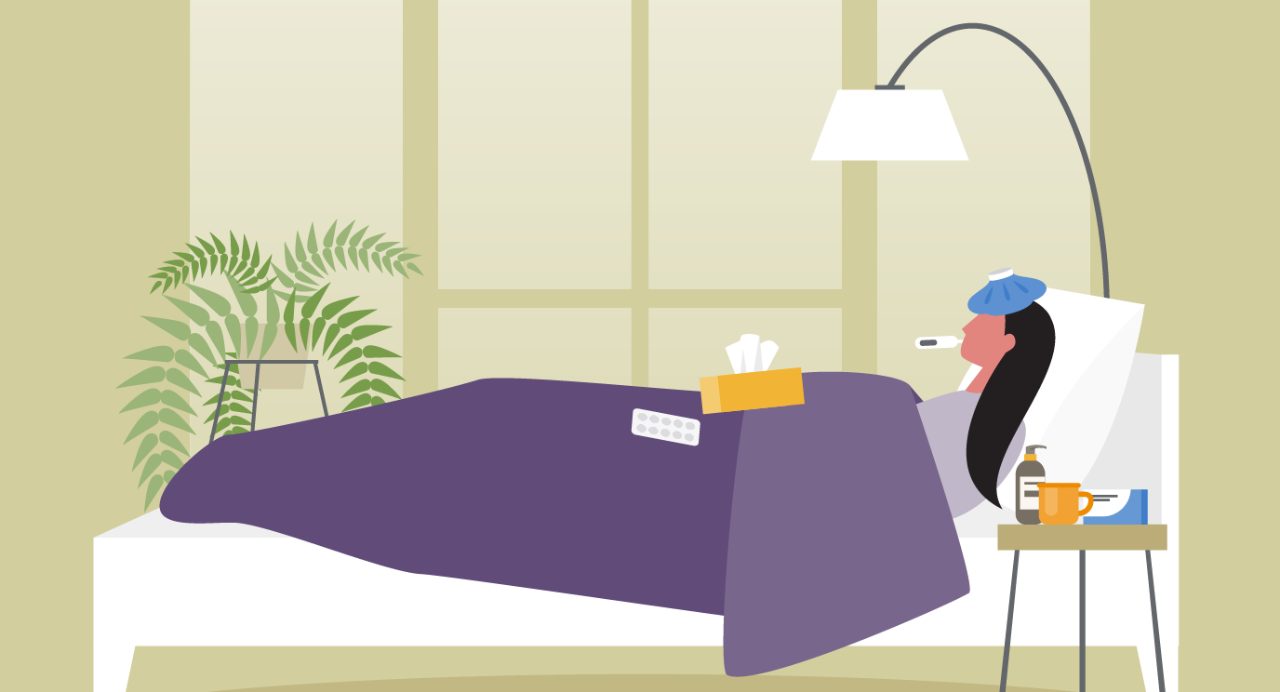 长黑发人嵌入紫床并头部装冰盒、口部温度计和组织盒备妥