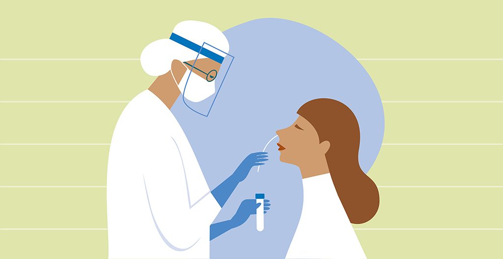 护士佩戴个人防护用品进行COVID-19鼻拭子试验
